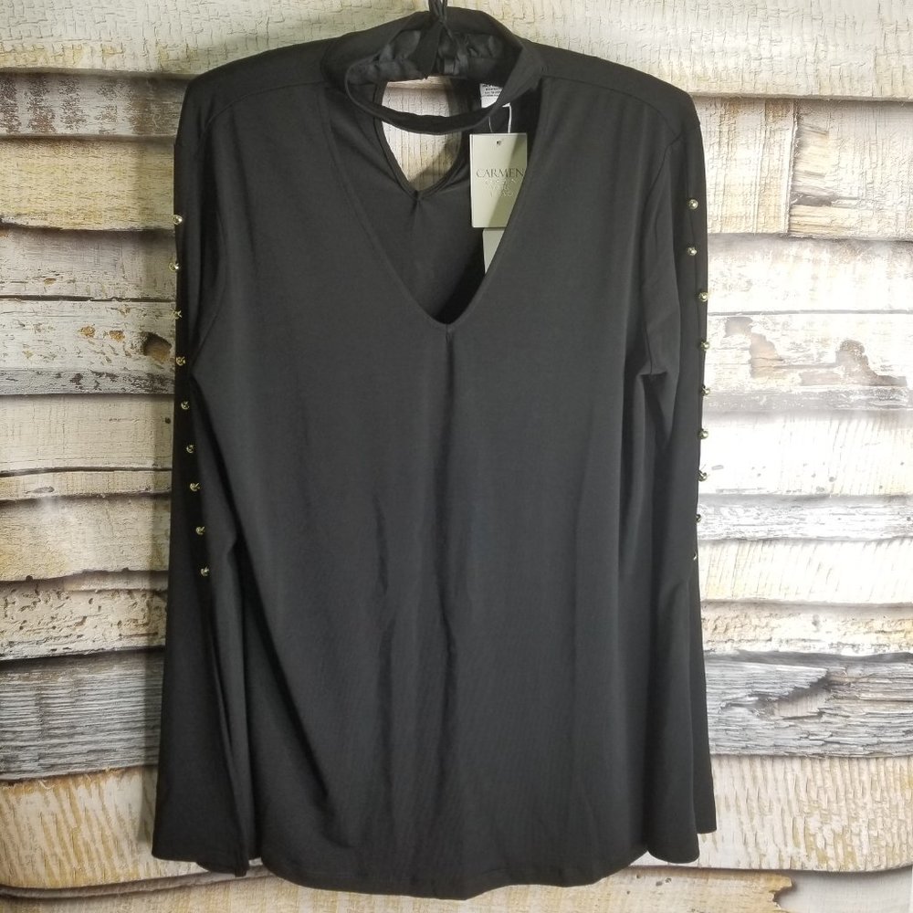 Carmen Marc Valvo Black Gold Button Choker Top